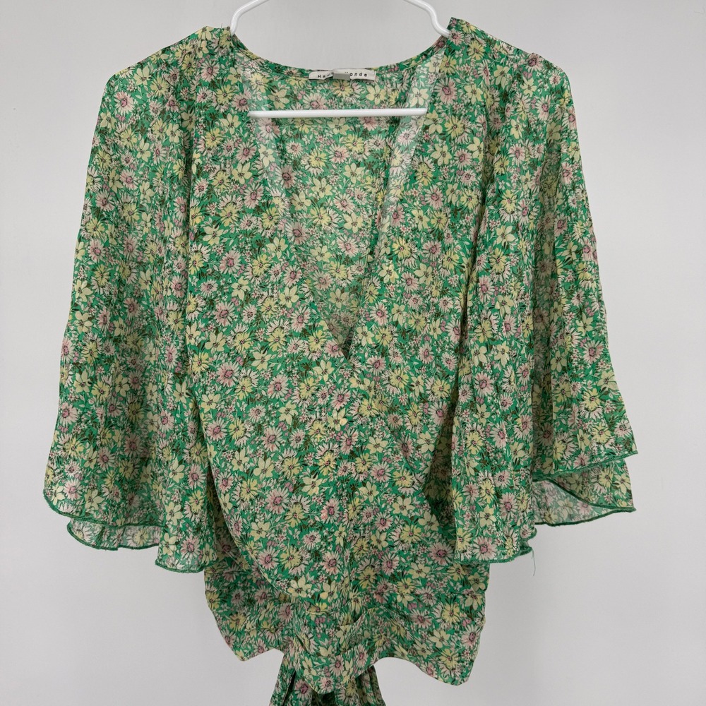 Haute Monde Green‎ Floral Flutter Sleeve Wrap Tie Back Crop Top Blouse Medium